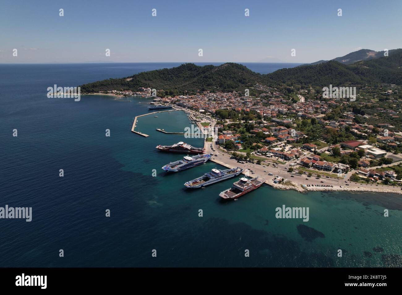 An aerial view of a coastal town with yachts on a harbor Stock Photo ...