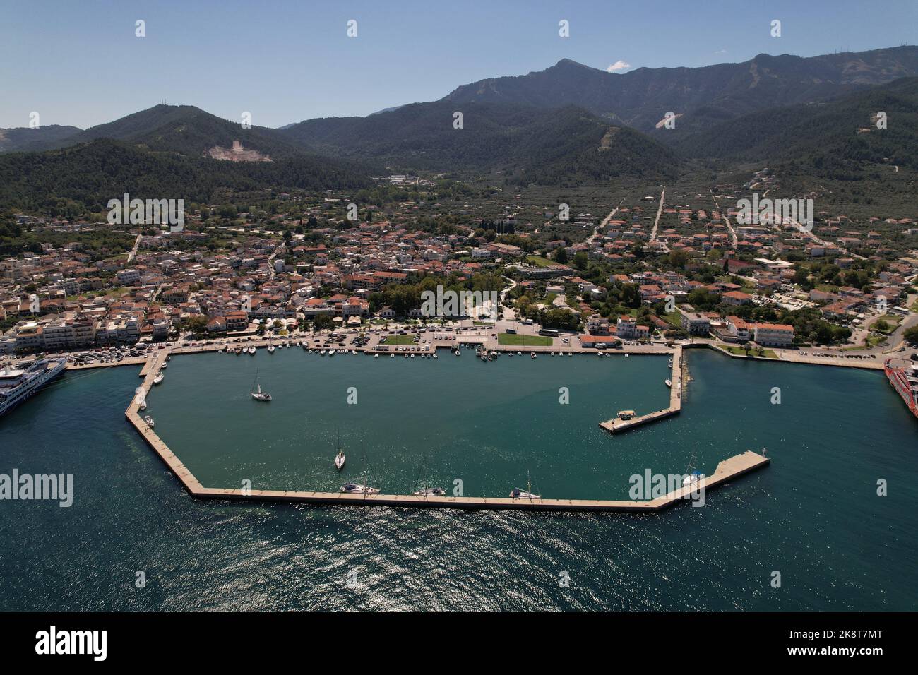 An aerial view of a coastal town with yachts on a harbor Stock Photo ...