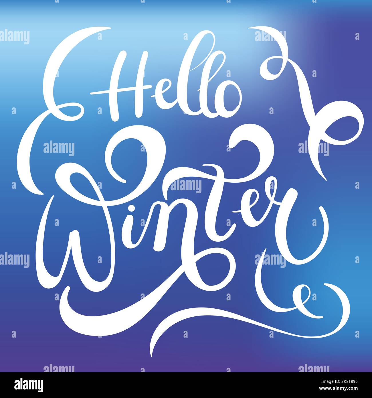 Hello winter banner. Brush calligraphy at blue winter background with ...