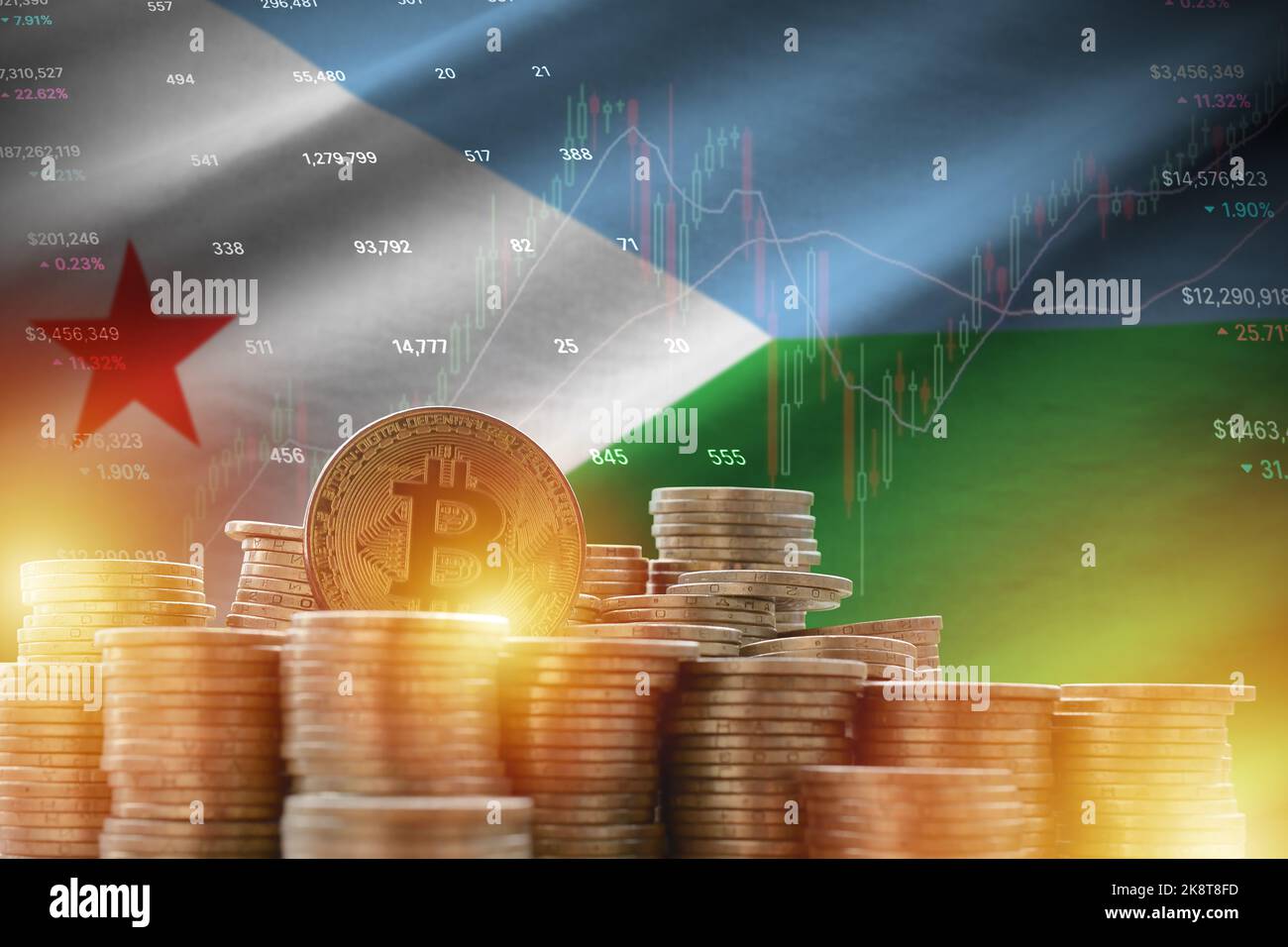 Djibouti flag and big amount of golden bitcoin coins and trading platform chart. Crypto currency concept Stock Photo