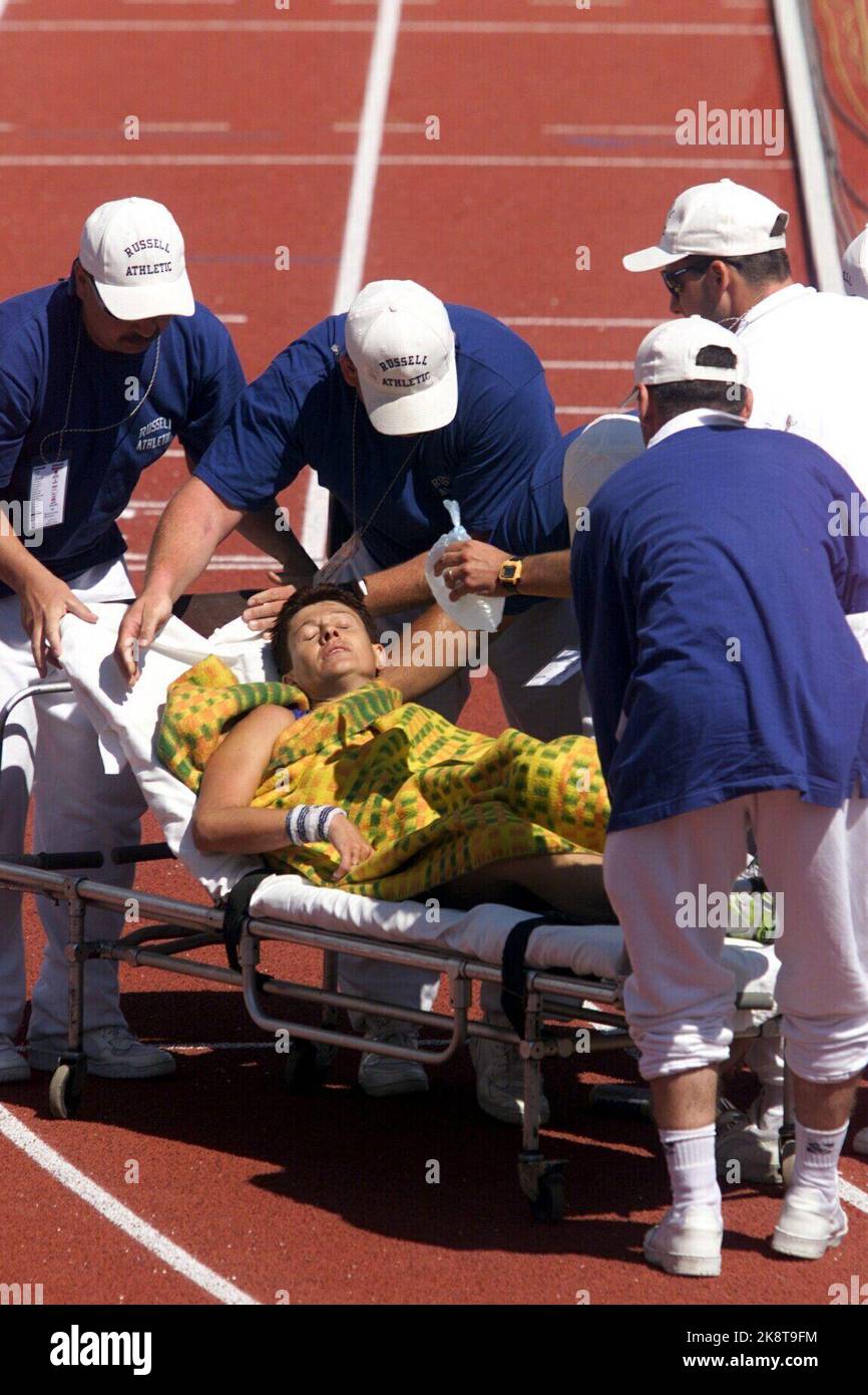 Budapest, Hungary 19980823: French Le Gallo Maryse fainted after goal  passing during the womens marathon. Several of the runners had to be  driven out of the stadium during the European Championships in