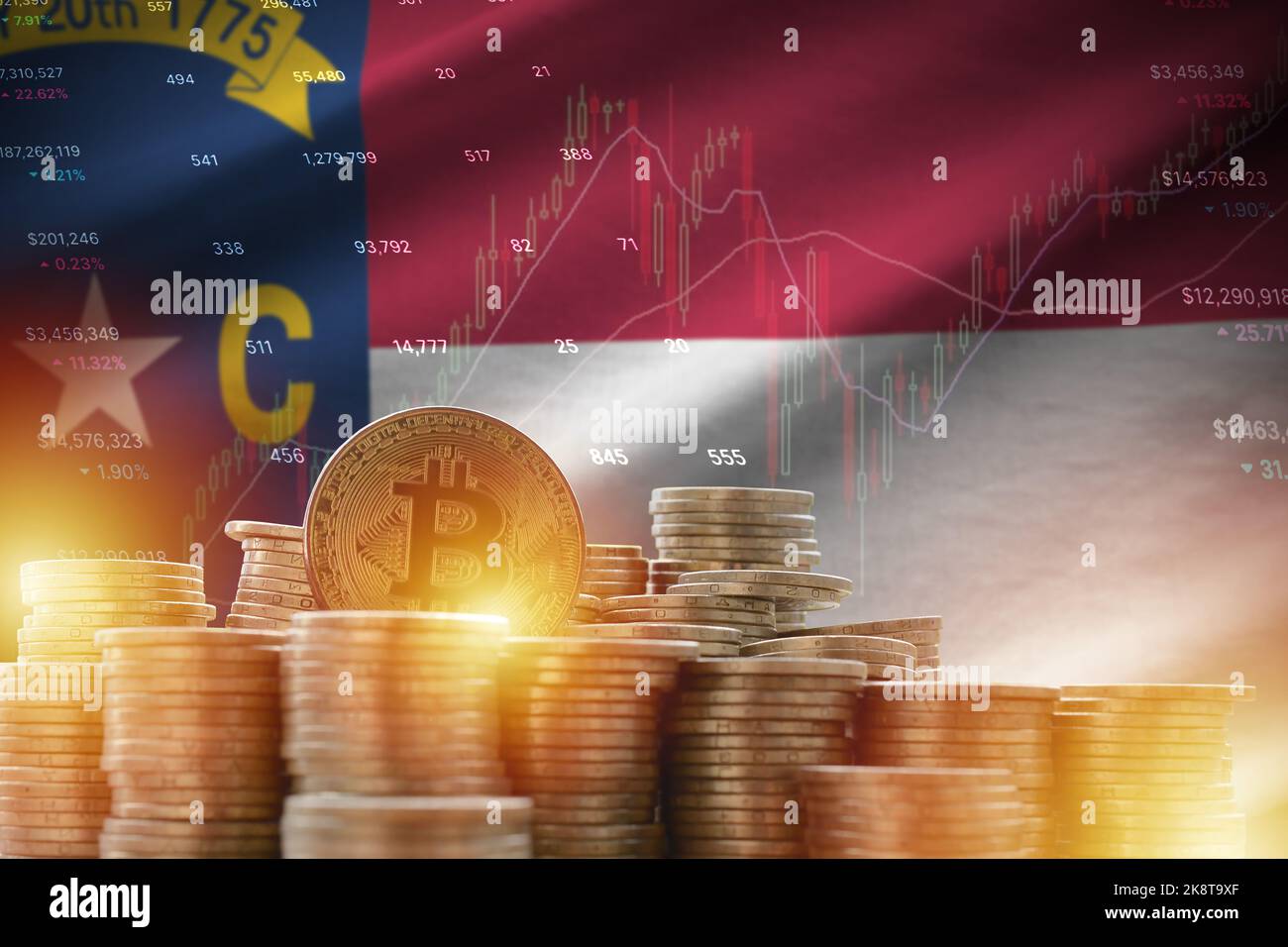 North Carolina US state flag and big amount of golden bitcoin coins and  trading platform chart. Crypto currency concept Stock Photo - Alamy