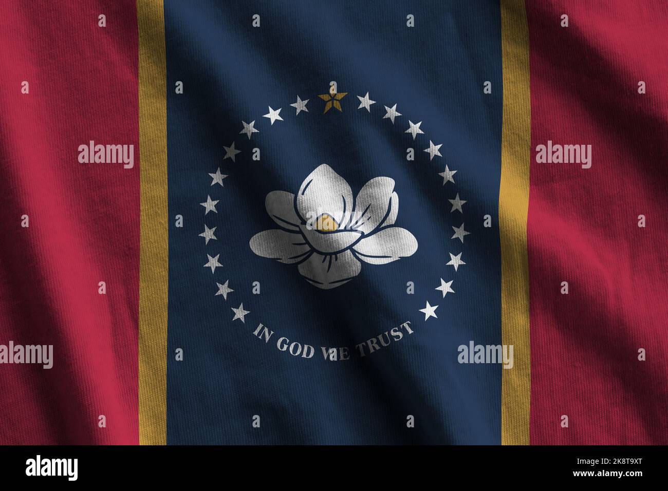 Mississippi new US state flag with big folds waving close up under the