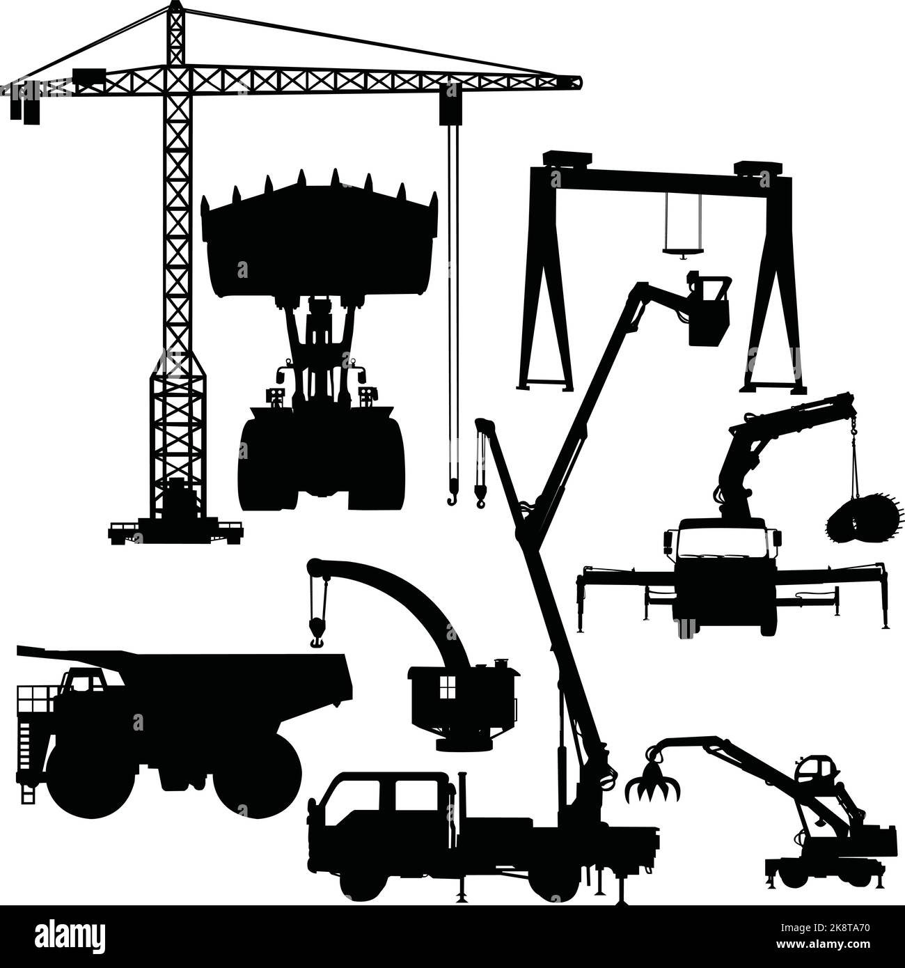 A set of black construction machinery stickers isolated on white ...