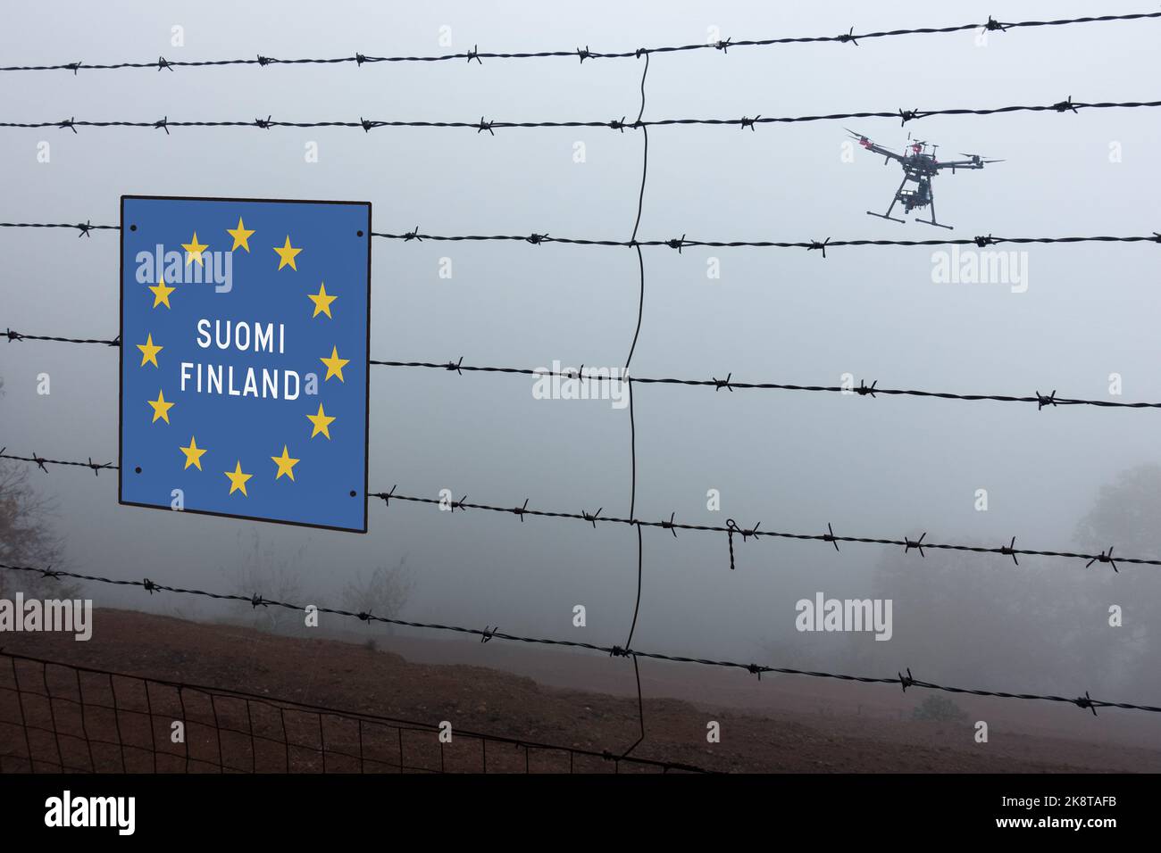 Finland Russia border fence with drone concept image. Stock Photo