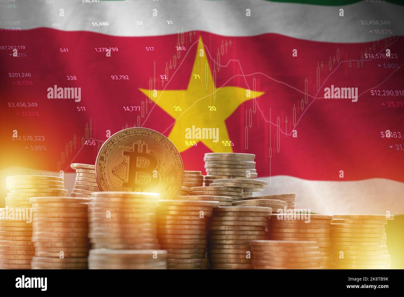 Suriname flag and big amount of golden bitcoin coins and trading platform chart. Crypto currency concept Stock Photo