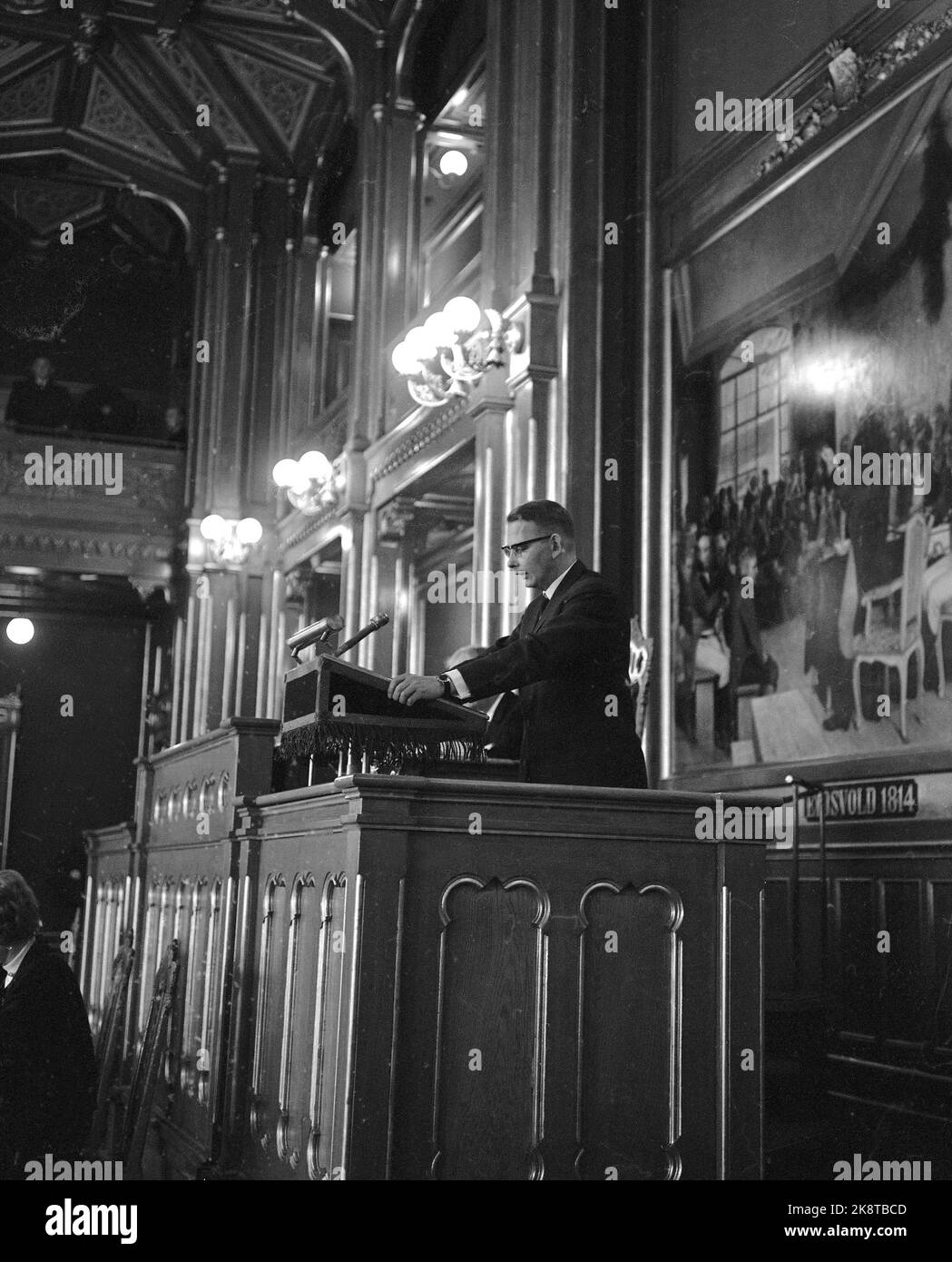 Oslo 19641005 Finance Minister Andreas Cappelen presents the government's draft state budget. Cappelen on the pulpit in the Storting. Photo: NTB / NTB Stock Photo