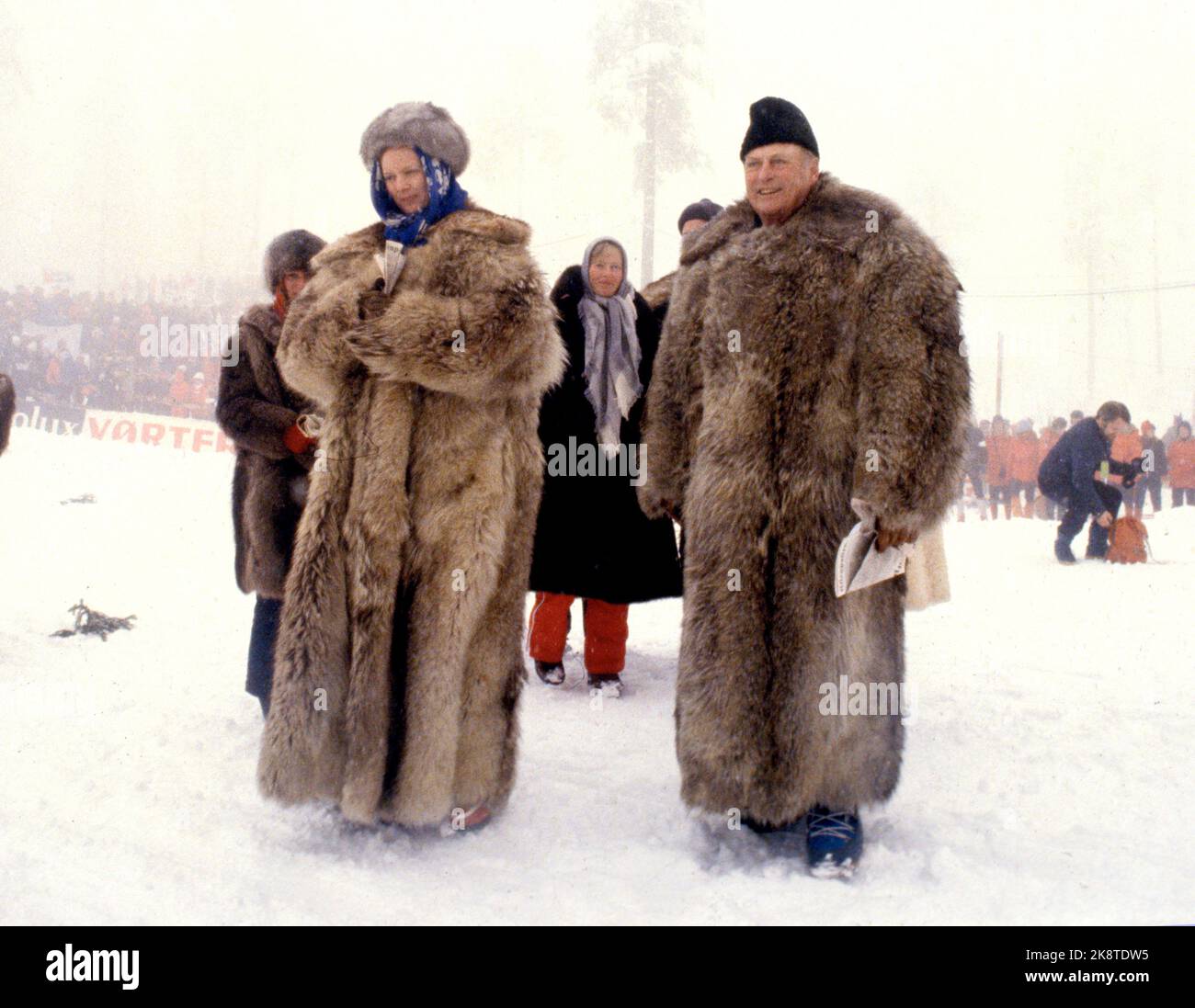 Oslo 19790309 King Olav together with Queen Margrethe of Denmark in Holmenkollen. Here in wolf skin fur. Photo: Vidar Knai /NTB Stock Photo