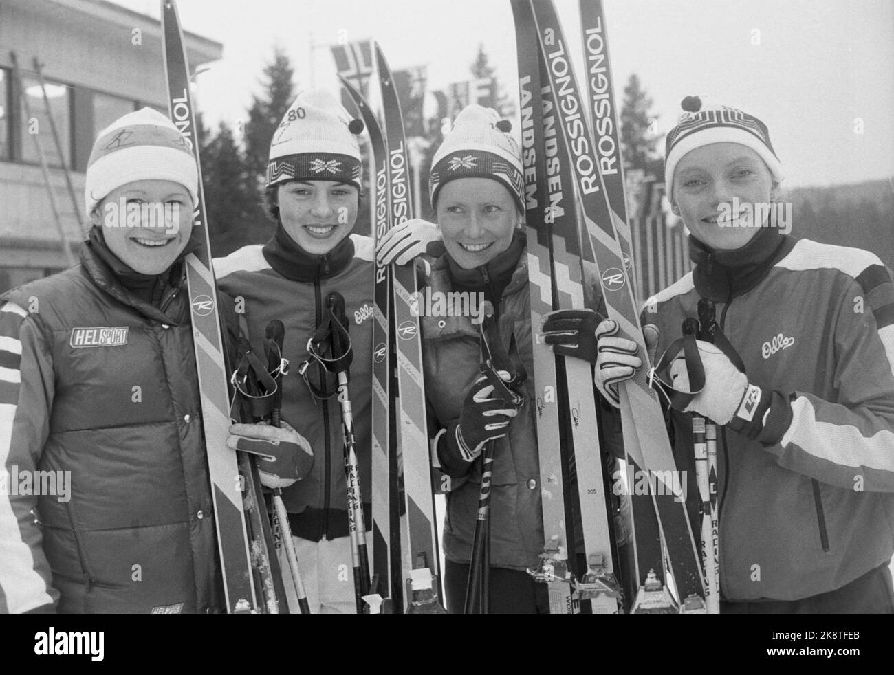 Lake Placid 19800221: Team picture from 4x5 km relay where the girls won bronze medal during the Olympics. From left Berit Kvello Aunli, Brit Pettersen, Marit Myrmæl and Anette Bøe. Photo: Erik Thorberg NTB / NTB Stock Photo