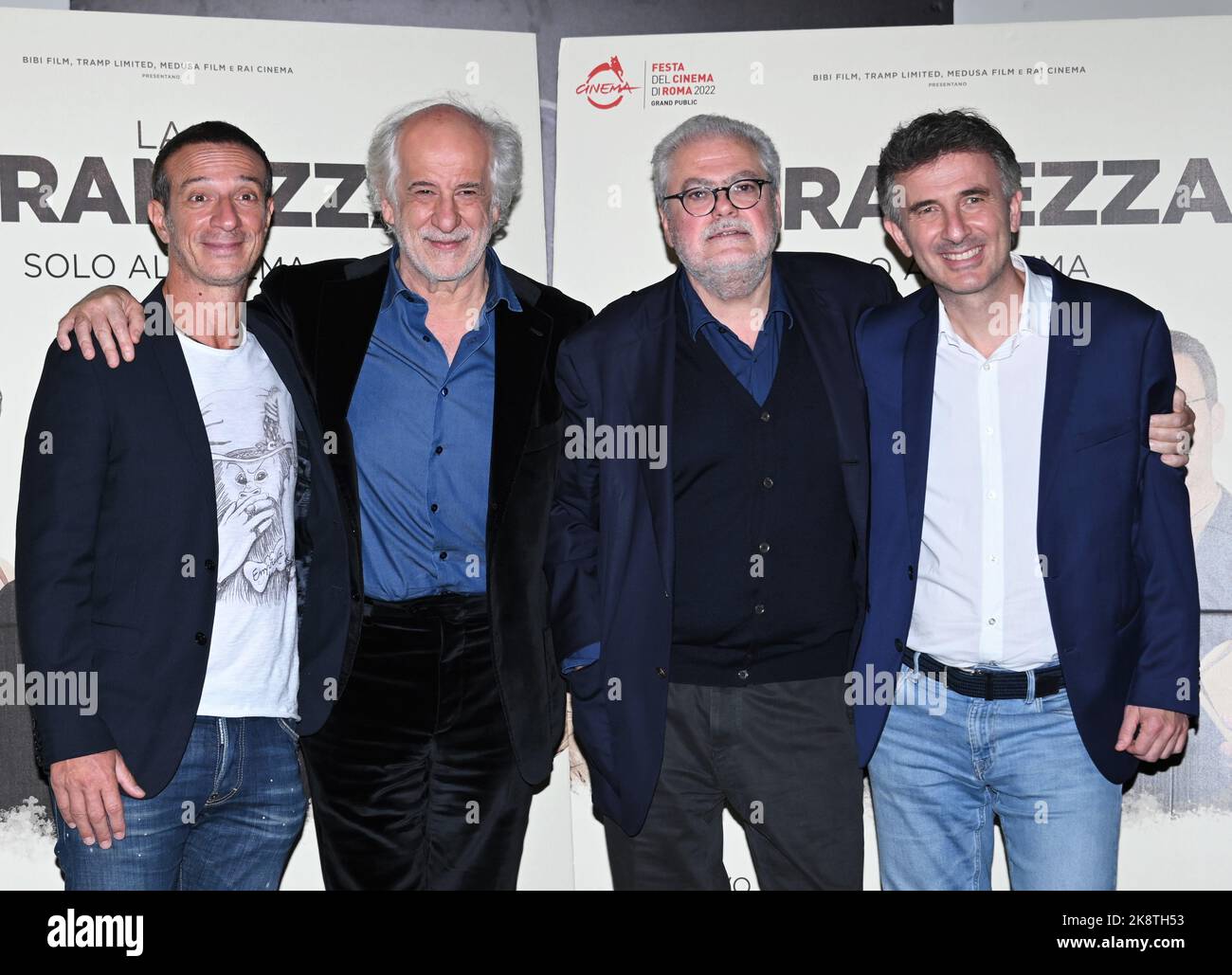 Milan, Italy. 24th Oct, 2022. Milan, Italy The strangeness feature by Roberto Andò, premiered at the Rome Film Festival with leading actors Toni Servillo, Ficarra and Picone In the picture: Roberto Andò, Toni Servillo, Ficarra and Picone Credit: Independent Photo Agency/Alamy Live News Stock Photo