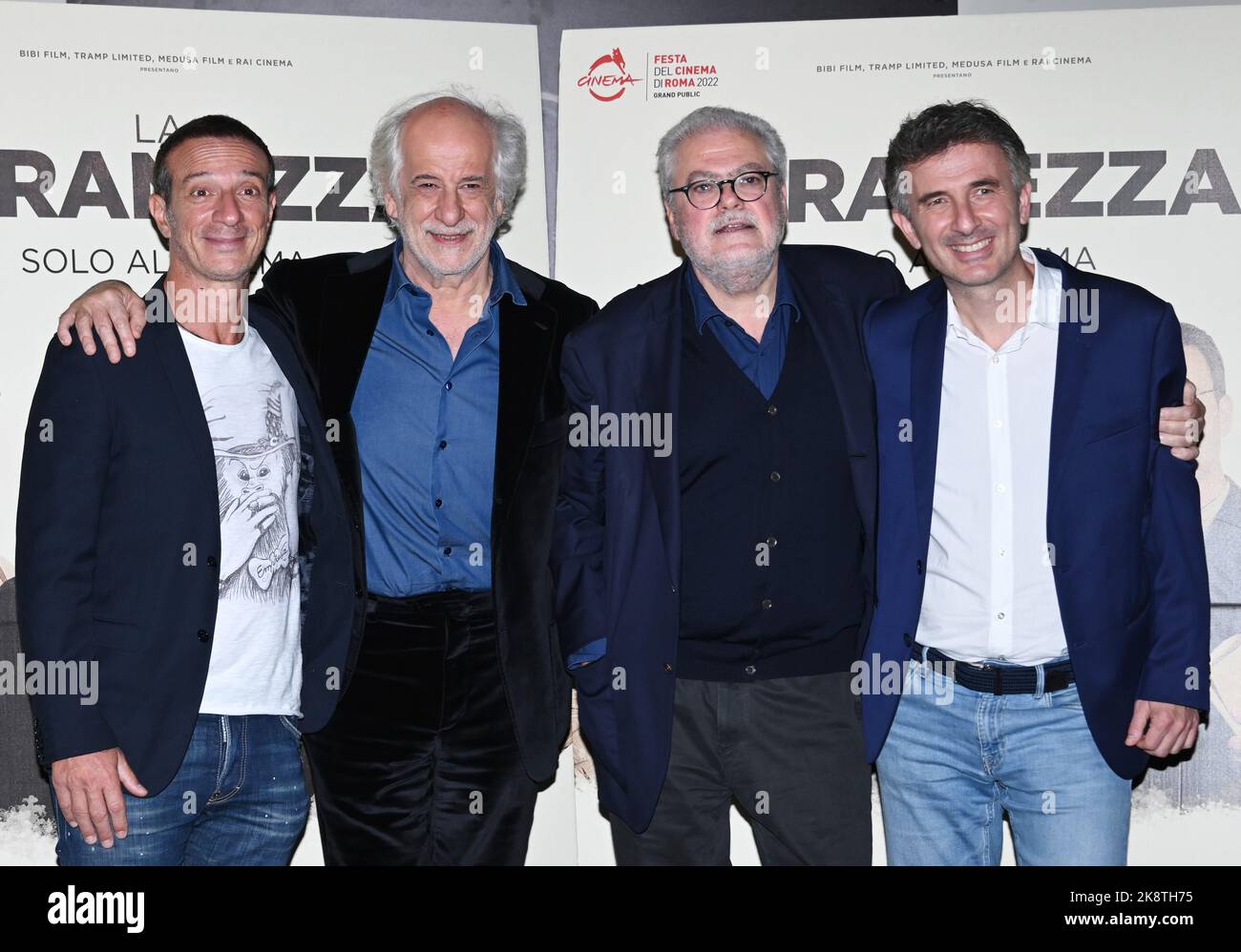 Milan, Italy. 24th Oct, 2022. Milan, Italy The strangeness feature by Roberto Andò, premiered at the Rome Film Festival with leading actors Toni Servillo, Ficarra and Picone In the picture: Roberto Andò, Toni Servillo, Ficarra and Picone Credit: Independent Photo Agency/Alamy Live News Stock Photo