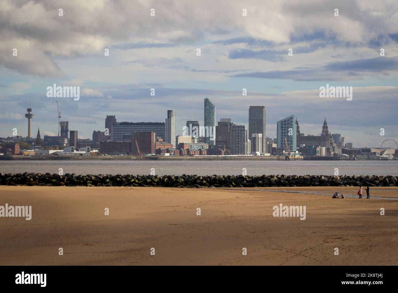 Liverpool City Skyline, as seen from New Brighton, Wirral, including the 3 graces, cathedrals and the Radio City Tower Stock Photo