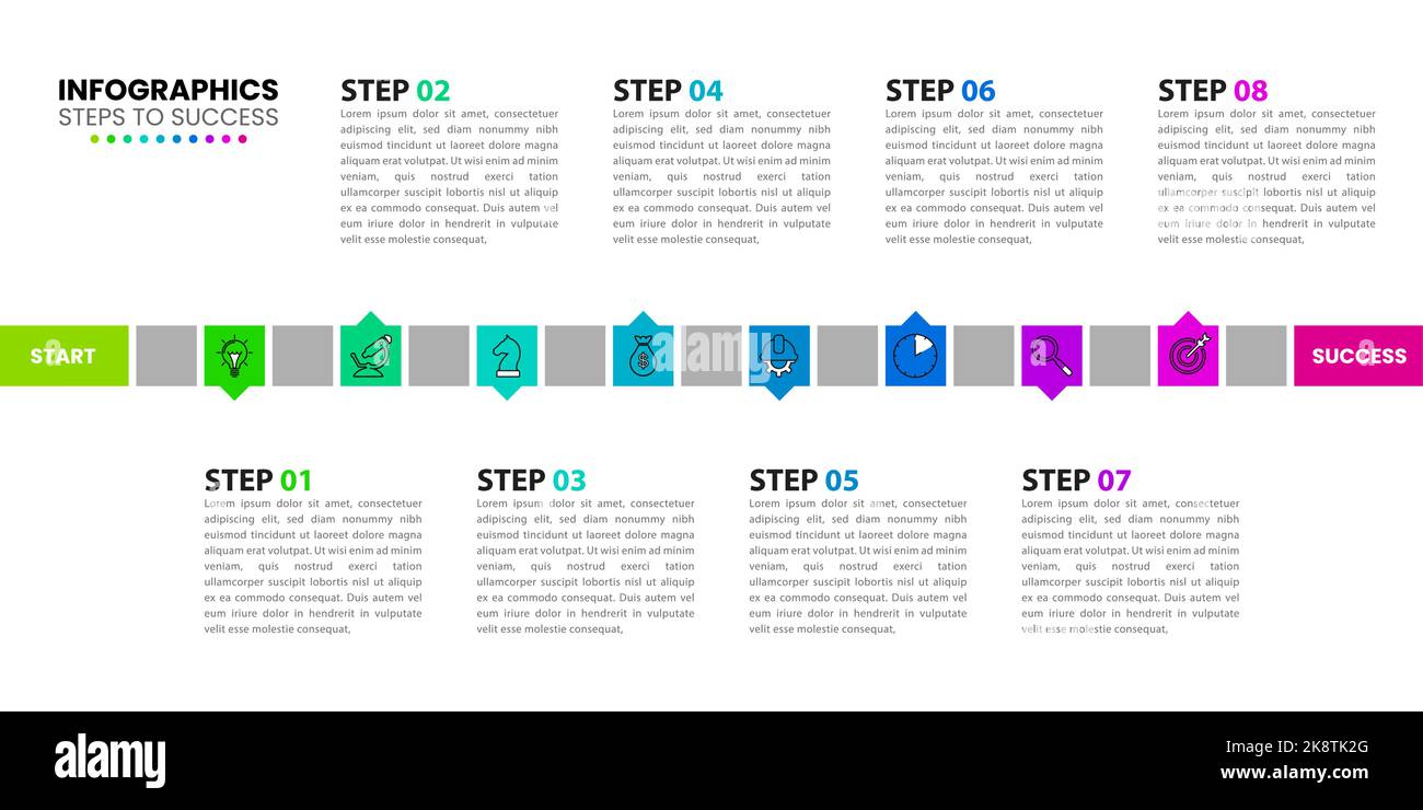 Infographic design template. Timeline concept with 8 steps. Can be used for workflow layout, diagram, banner, webdesign. Vector illustration Stock Vector