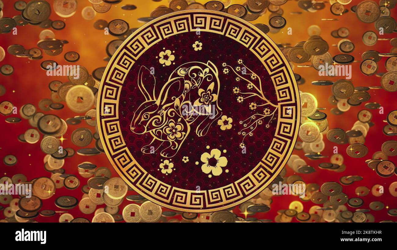 Chinese Spring Festival, red background with falling golden coins ...