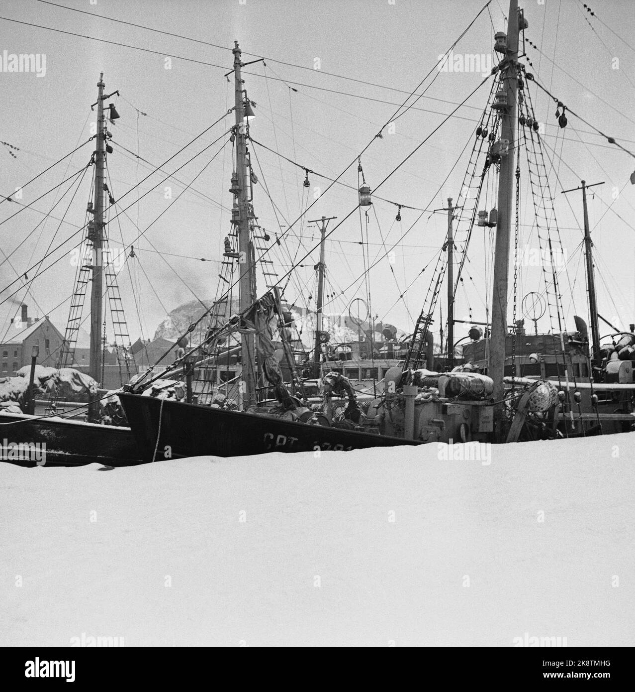 Ålesund February 1, 1956. 13 Russian trawlers and a mother ship were brought up by the Norwegian Coast Guard and brought to Ålesund after they and several other Russian ships had a thieves in the Norwegian sector. The Coast Guard had to shoot warning shots before the Russians were arrested. Norway sent sharp protests to the Soviet Union and Foreign Minister Lange convened the Soviet ambassador in Oslo to emphasize that the Norwegian authorities saw this as a gross violation of Norwegian waters. Here are some of the trawlers. Photo: Current / NTB Stock Photo