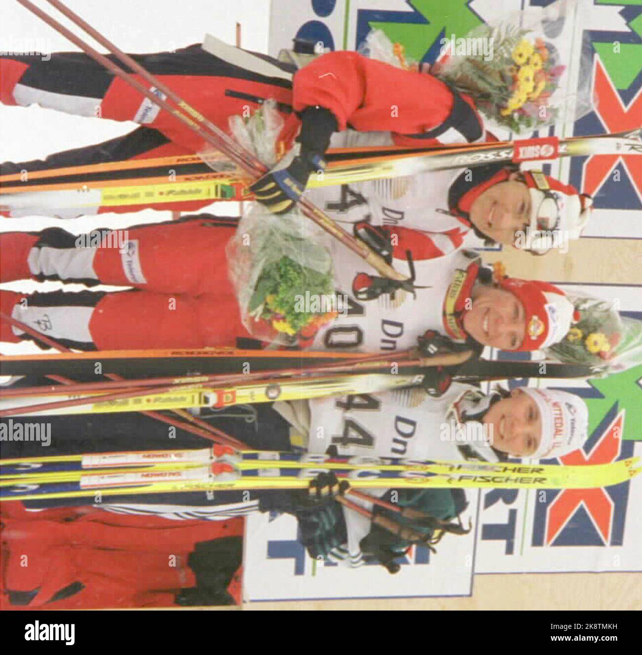 Alta 19980329: From left Elin Nilsen, Anita Moen Guidon and Bente Martinsen  got a seat on the victory podium after Tremila on Sunday, where Anita took  its 10th NM gold. Photo: Espen