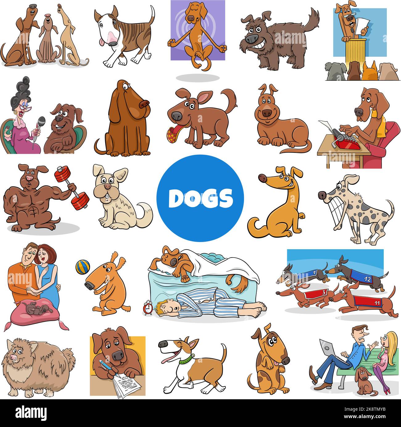 Cartoon illustration of dogs and puppies comic animal characters big set Stock Vector