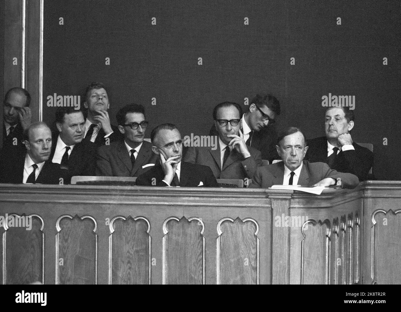 Oslo 19660618. Storting debate on freedom of speech in NRK. Here in the diplomat lodge are representatives from NRK board. Program editor Torolf Elster (back right), in front of broadcast manager Hans Jacob Ustvedt and program editor Otto Næs with glasses. Photo: Ivar Aaserud Current / NTB Stock Photo