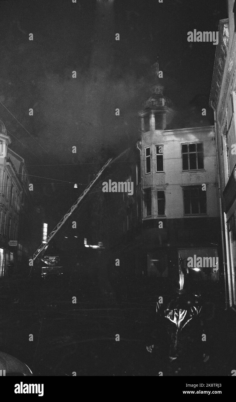 Ålesund 14 January 1967. Major fire in Ålesund. The city's largest business, J. E. Devold's followers burn. A hundred men fought for twenty hours against the Ålesund fire, but really it was the weather and the left over the wind that saved Ålesund from a new large urban disaster. Photo; Aage Storløkken / Current / NTB Stock Photo