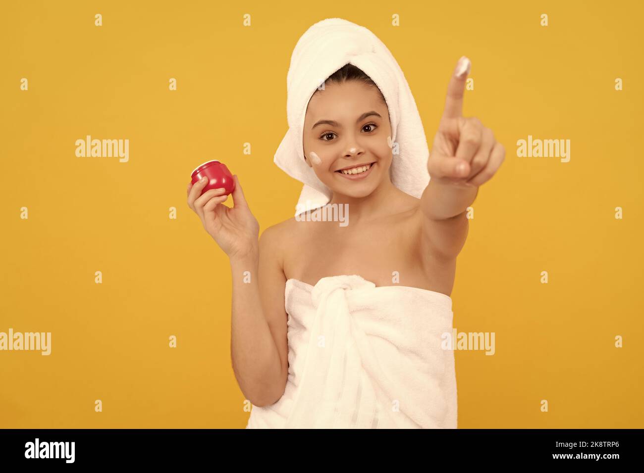 Happy Teen Girl In Shower Towel Apply Facial Cream Selective Focus