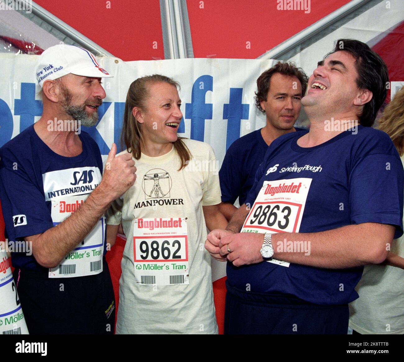Oslo 19910907 Oslo Marathon. New York Marathon's 'Father' Frank Lebow (TV) with Grete Waitz and a laughing Alf Tande Petersen. Photo: Lise Åserud / NTB / NTB Stock Photo