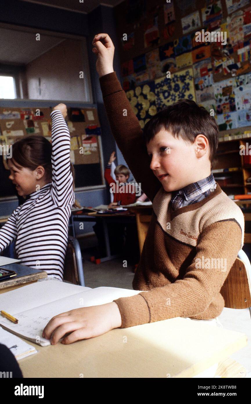 Oslo19810429: Prince Haakon Magnus at the school on April 29, 1981. The prince was a student at Smestad school in Oslo. Here he raises his hand in the classroom. The picture was taken while the prince was in 1st grade. NTB Stock Photo: Bjørn Sigurdsøn / NTB Stock Photo