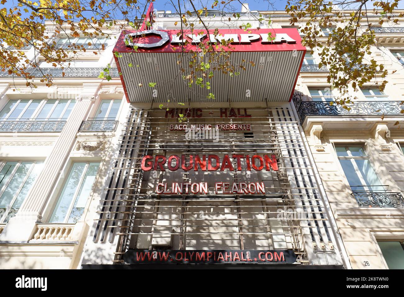 Red Hall Sign Red sign of the Olympia music hall, the oldest music hall in Paris ...