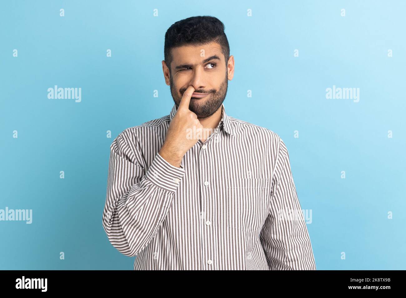 Portrait of bearded businessman putting finger into his nose, fooling around, bad habits, disrespectful behavior, wearing striped shirt. Indoor studio shot isolated on blue background. Stock Photo