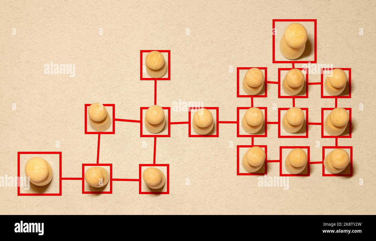 Chain of people figurines connected by white lines. Cooperation and interaction between people and employees. Dissemination of information in society, Stock Photo