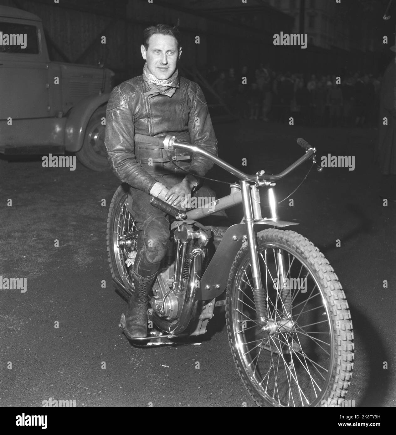 Oslo 19510619: Basse Hveem (Leif Hveem) sits on his motorcycle. Photo: NTB / NTB Stock Photo