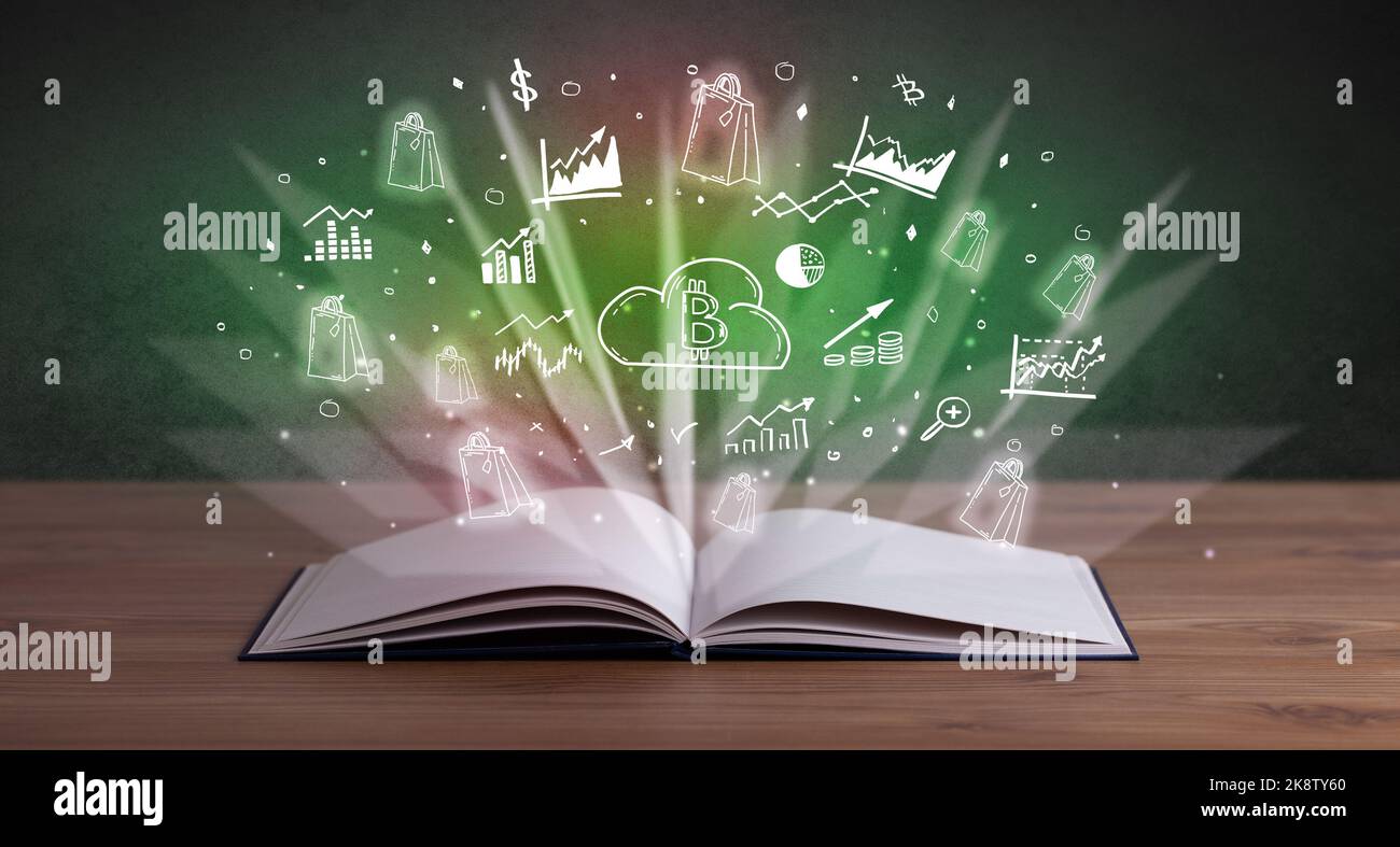 Open book with profit icons above Stock Photo - Alamy