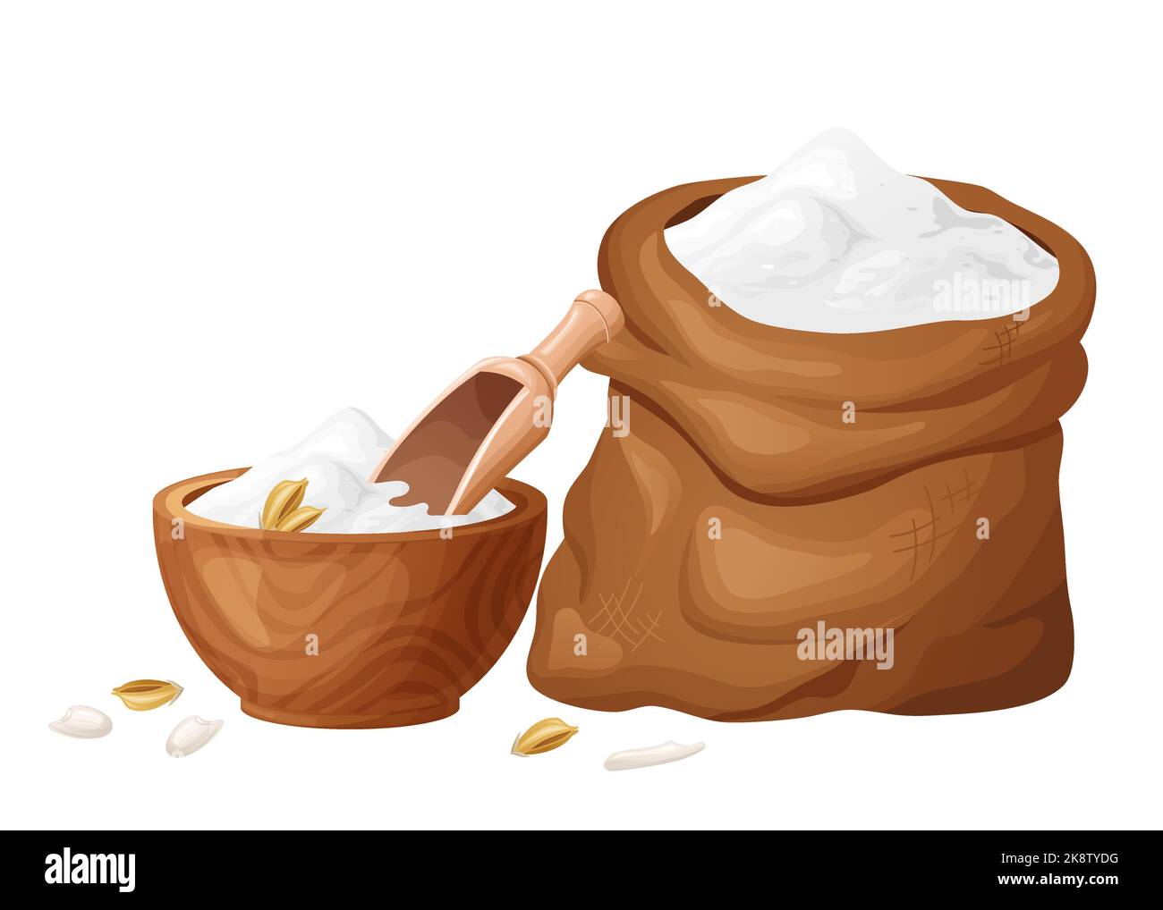 Rice flour in wooden bowl with seeds. Healthy gluten free food. PO7owed