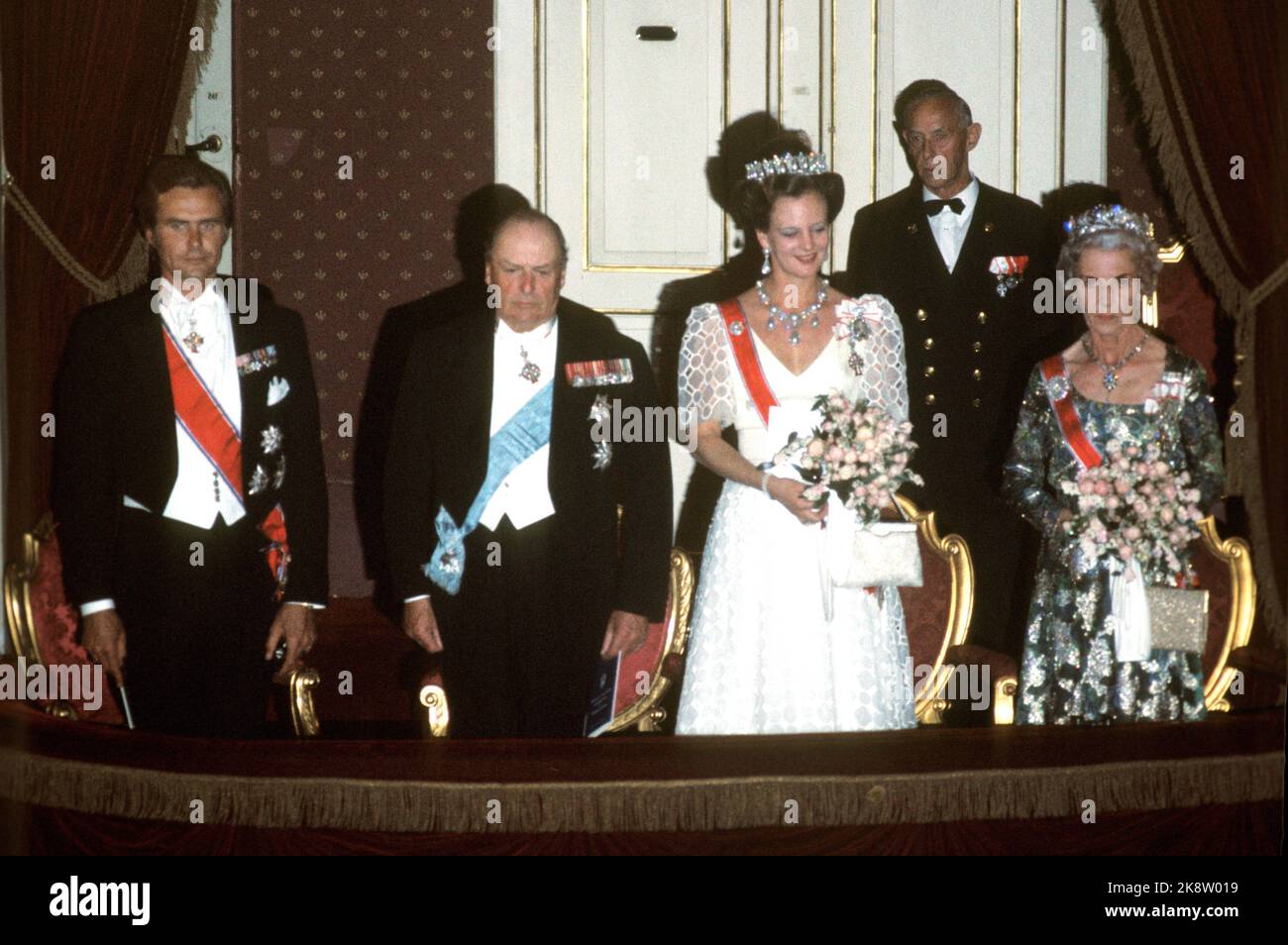Copenhagen, September 1974: King Olav on an official visit to Denmark. Here visits to the Royal Theater (f.) Prince Henrik, King Olav, Queen Margrethe and the queen mother Ingrid. Photo: Erik Thorberg NTB / NTB Stock Photo