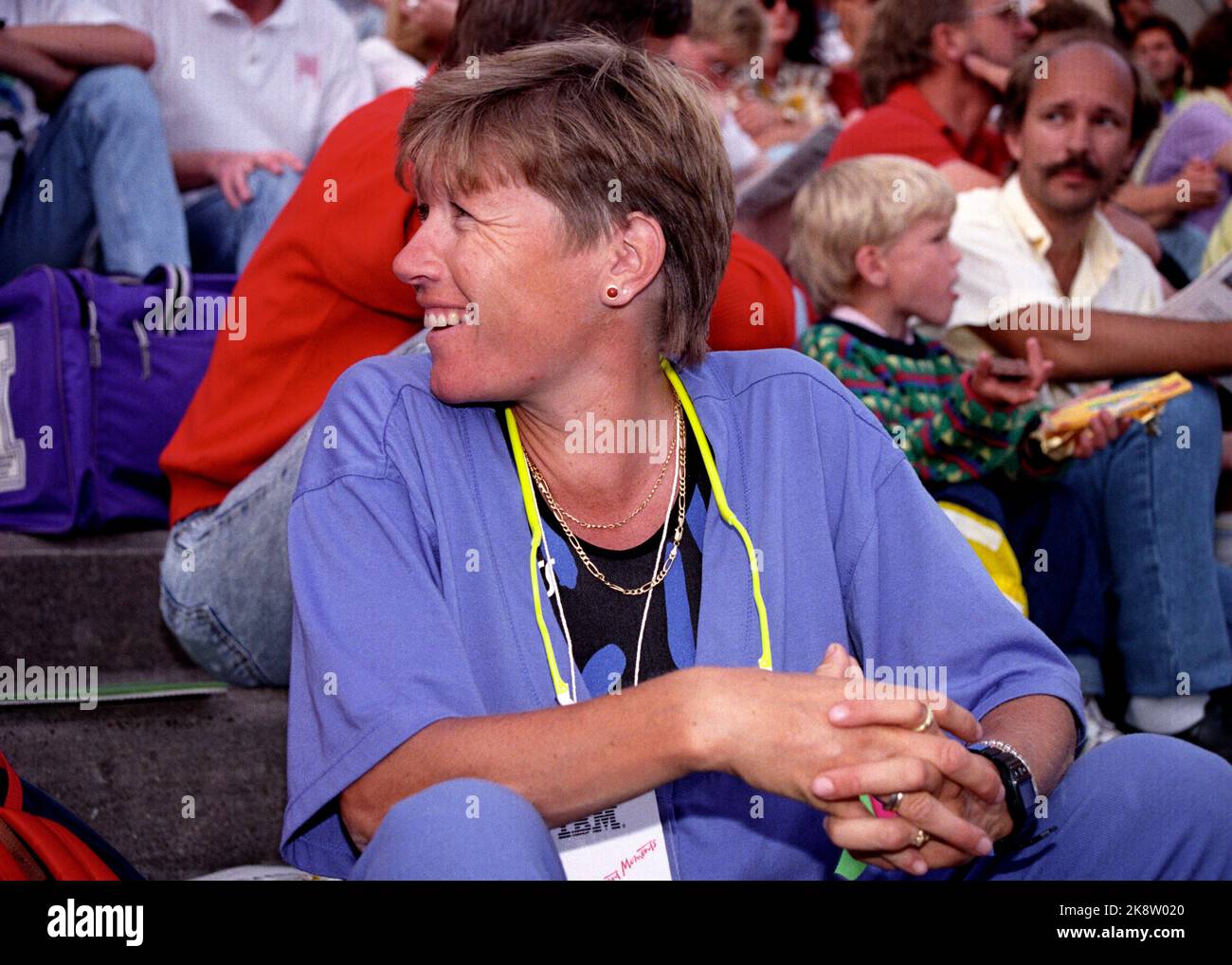 Oslo July 14, 1990. Ingrid Kristiansen in the stands during the Bislett Games. In the background her coach, Johan Kaggestad. Photo; Tor Arne Dalsnes / NTB Stock Photo