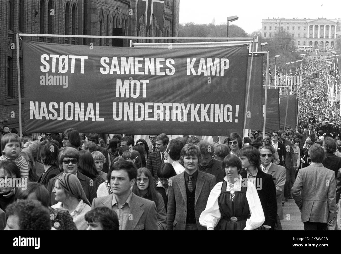 Oslo 19770517 AKP-ML / Workers Communist Party-Marxist-Leninists demonstrate on National Day on May 17. Here protesters on the way down Karl Johans gate, with the slogan 'support the Sami fight against oppression' Photo: Erik Thorberg / NTB / NTB Stock Photo