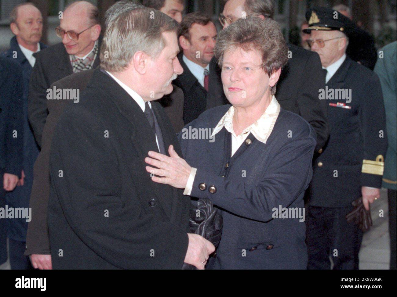 Oslo 19950315. Polish state visit to Norway. Poland President Lech Walesa and Mrs. Danuta on an official visit. Prime Minister Gro Harlem Brundtland received Poland President Lech Walesa for talks in the government building. Photo: Johnny Syversen NTB Stock Photo