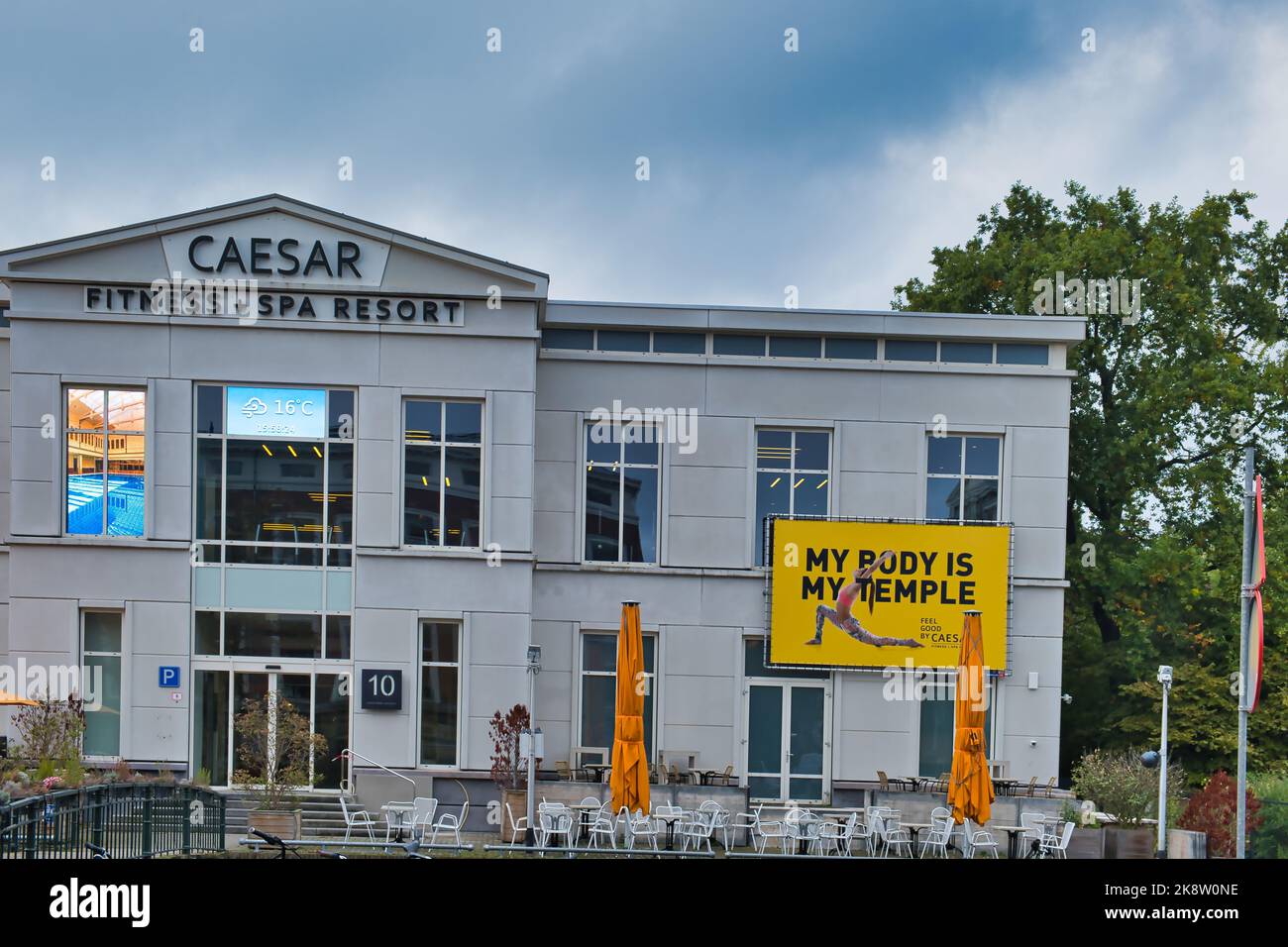 The Caesar Fitness and Spa Resort in The Hague, Netherlands, with text 'My body is my temple' Stock Photo