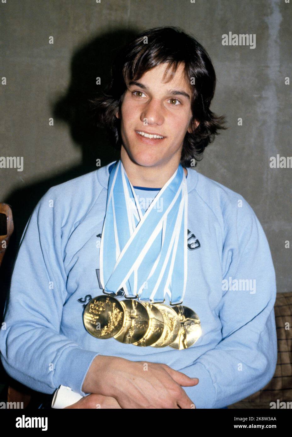 Lake Placid, N.Y., USA, 198002: Olympic Lake Placid 1980. Picture: Skater Eric Heiden (USA) photographed with its impressive 5 gold medals. He won all distances, 500m, 1000m, 1500m, 5000m and 10,000m during the 1980 Winter Olympics. Photo: EPU / NTB / NTB Stock Photo