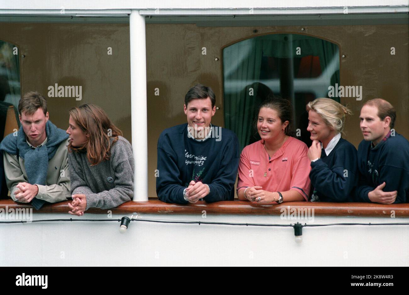 Western Norway, 199308: Silver cruise. Westland trip. The Norwegian royal couple, Queen Sonja and King Harald, arrange cruises in Western Norway on the occasion of their silver wedding. Picture: Eye. Young royals aboard the royal ship 'Norway', from v. Prince Guillaume of Luxembourg, Princess Sophie Ullens de Schooten, Crown Prince Haakon, Princess Alexia, Princess Astrid Ullens de Schooten and Prince Edward of the United Kingdom. Photo: Lise Åserud Stock Photo