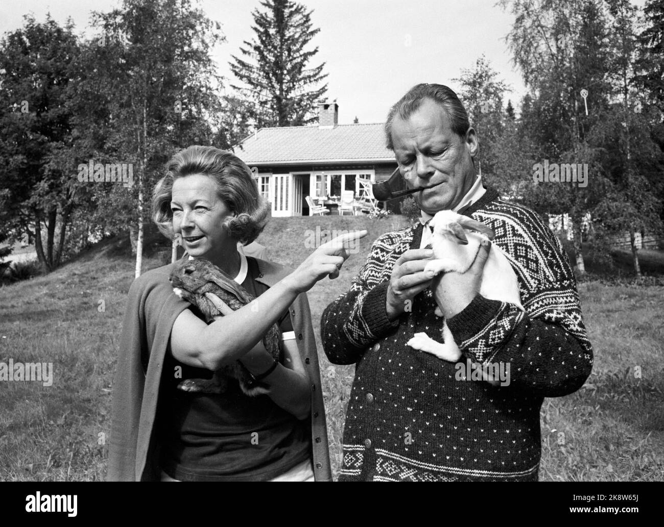 Hamar in the summer of 1970. West Germany's Chancellor Willy Brandt and Mrs. Rut Brandt bought a cabin in Vangsåsen in 1965 at Hamar, and here they spend their summer holidays with the family. They also have some rabbits in retirement, which is returned when the summer is over. Shooting someone you have seen in the eyes is completely out of date. Photo: Ivar Aaserud / Current / NTB Stock Photo
