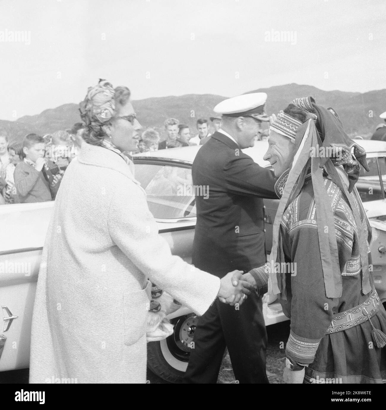 Hammerfest July 25, 1959. King Olav and Princess Astrid visit Northern Norway. Here, Princess Astrid greets a same. Photo: NTB / NTB Stock Photo