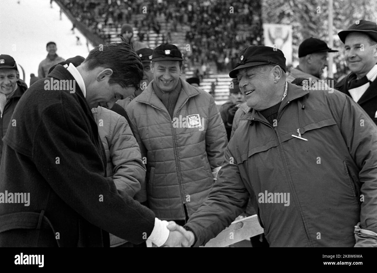 Oslo 196602226 World Cup in Holmenkollen. Cross -country skiing, 50 kilometers of men was won by Gjermund Eggen, his third gold medal in the championship. Here Gjermund Eggen greets King Olav after the 50 km victory. Photo: NTB / NTB Stock Photo
