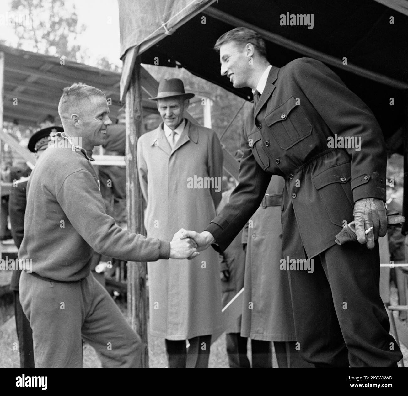 Løten 19620922 The first European Championship in Orientation is held at Løten. Here, European champion Magne Lystad (NOR) is congratulated by Crown Prince Harald. Photo: NTB / NTB Stock Photo