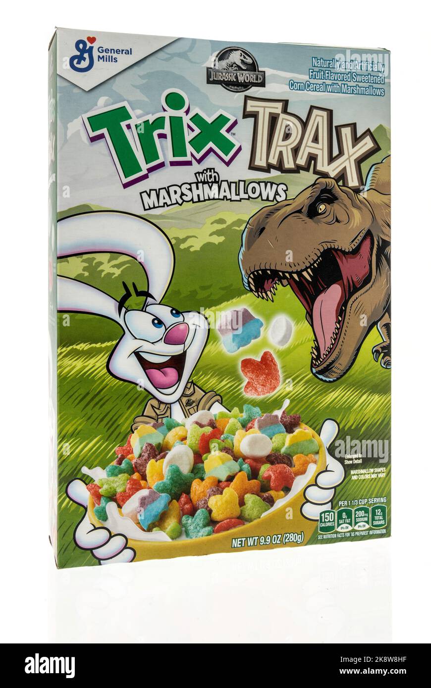 Winneconne, WI - 24 October 2022: A package of Trix Trax Jurassic world cereal on an isolated background. Stock Photo