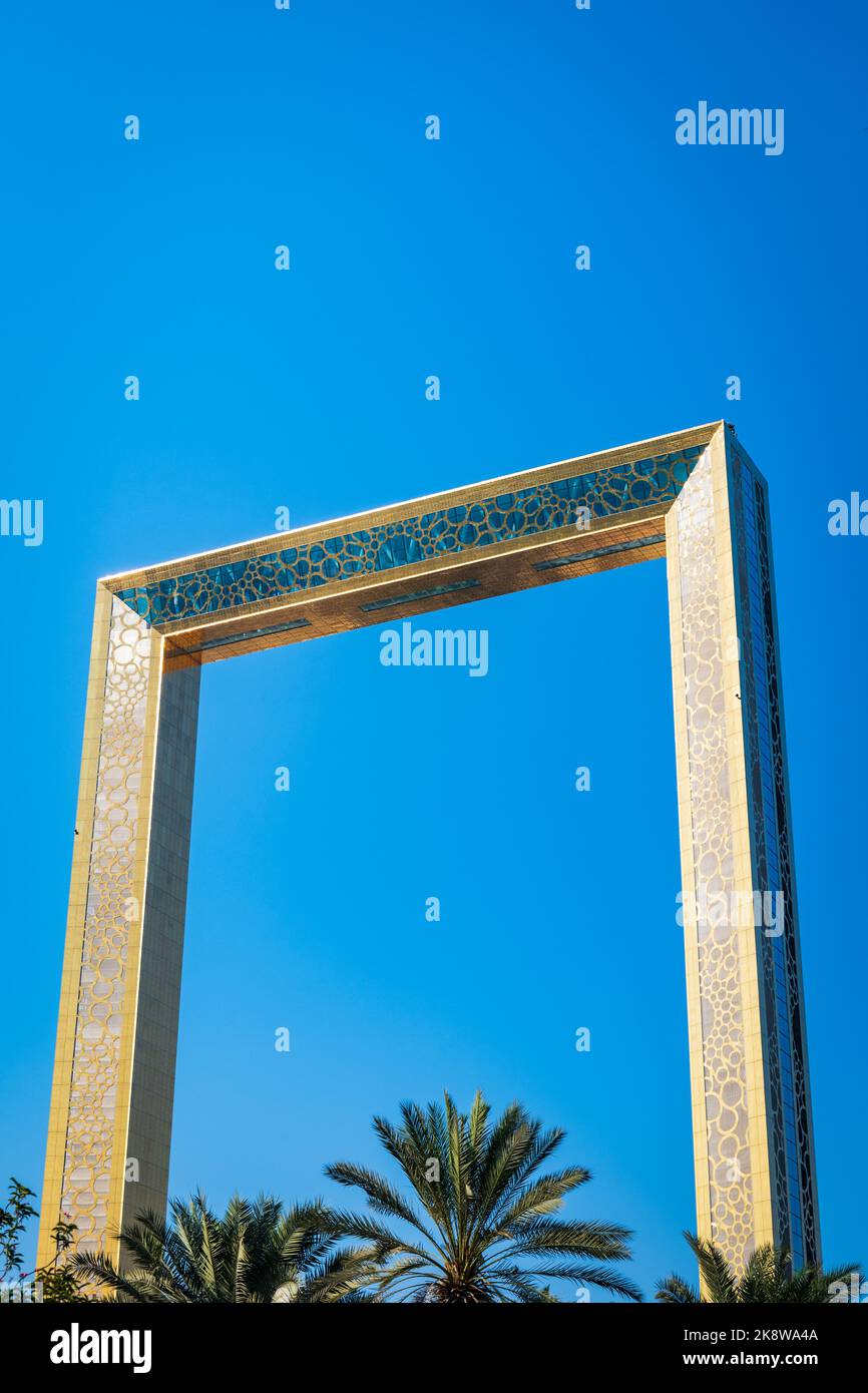 Dubai, UAE - October 2022: Dubai Frame, a new landmark of Dubai. It is an observatory, museum, monument in Zabeel Park, Dubai, United Arab Emirates Stock Photo