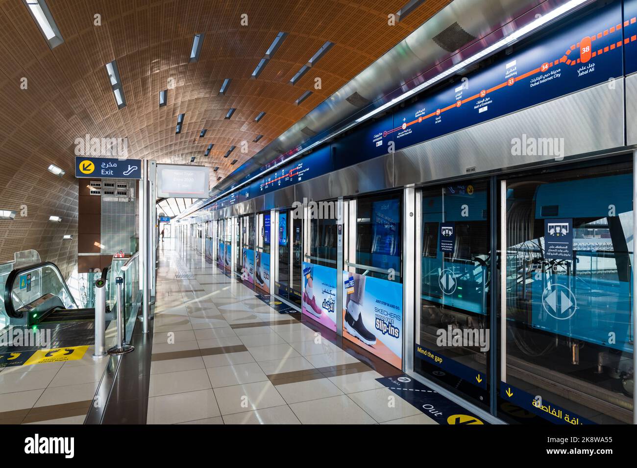 Dubai, UAE October 2022 Dubai Metro station platform architecture