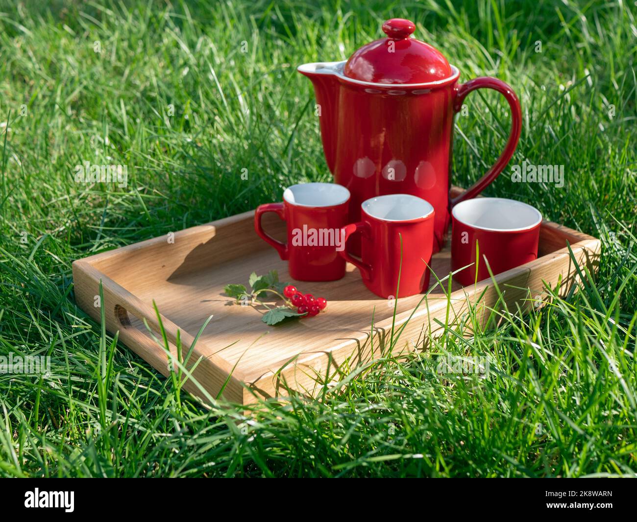 Summer picnic with red jug for fruit drink, cups and fresh red currant on the wooden tray, selective focus Stock Photo