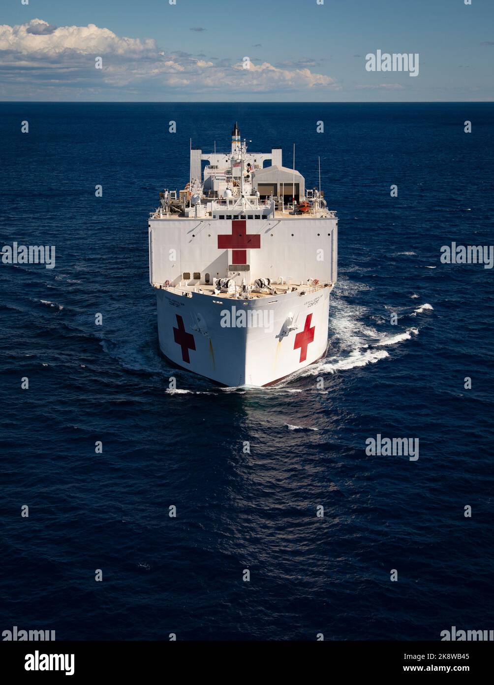 221021-N-MY642-1052  ATLANTIC OCEAN (October 21, 2022) The hospital ship USNS Comfort (T-AH 20) steams through the ocean as part of the transit south from Nofolk, Va. Comfort is deployed to U.S. 4th Fleet in support of Continuing Promise 2022, a humanitarian assistance and goodwill mission conducting direct medical care, expeditionary veterinary care, and subject matter expert exchanges with five partner nations in the Caribbean, Central and South America. (U.S. Navy photo by Mass Communication Specialist 1st Class Donald R. White Jr.) Stock Photo