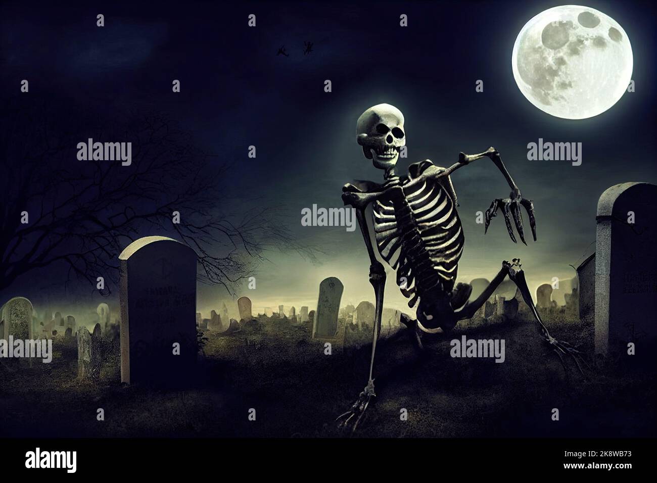 A graveyard filled with zombie skeleton illuminated by the full moon on Halloween night. A fantasy horror description. 3D illustration. Stock Photo