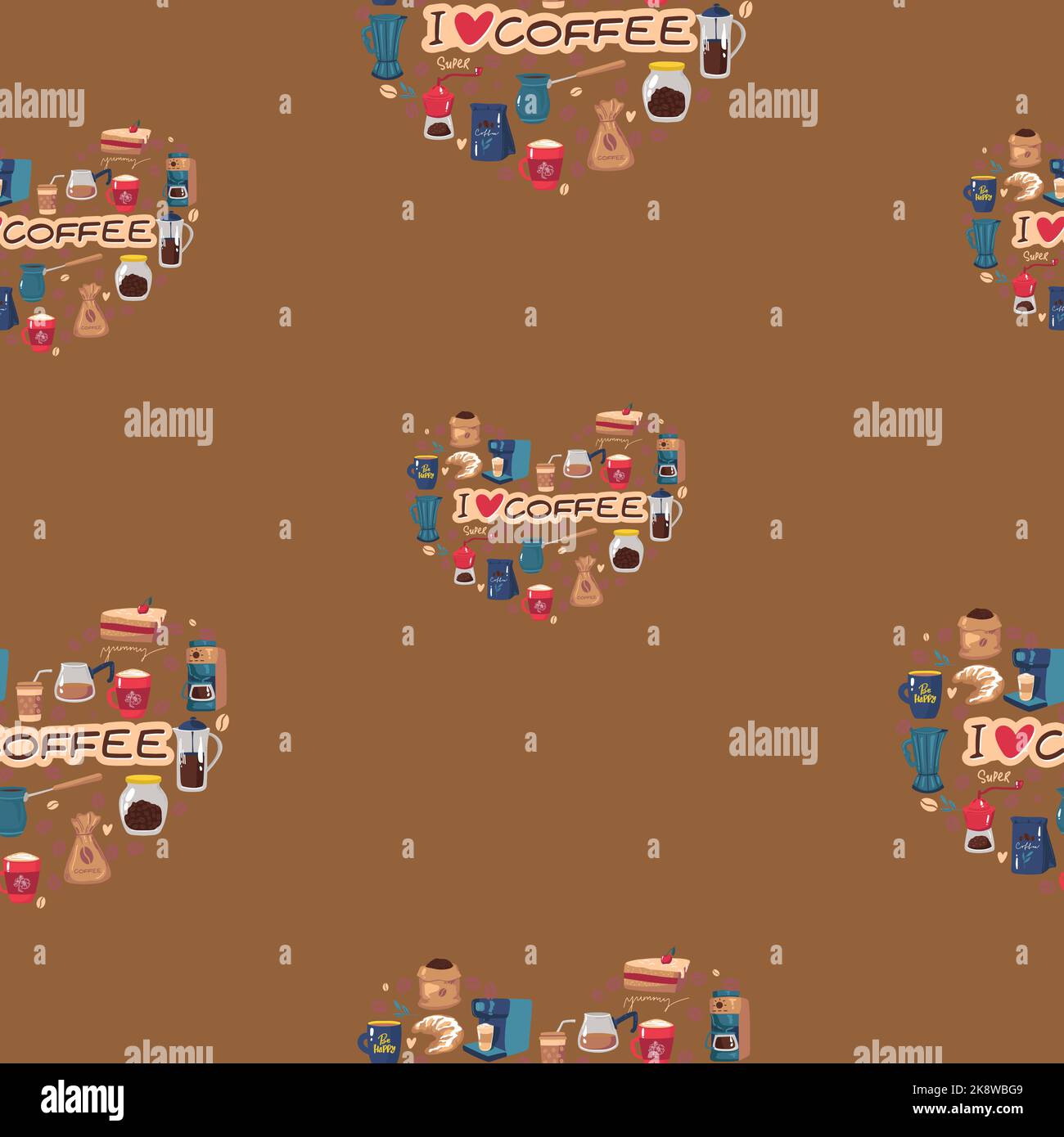 Seamless pattern withheart from coffee sets, vector illustration love ...
